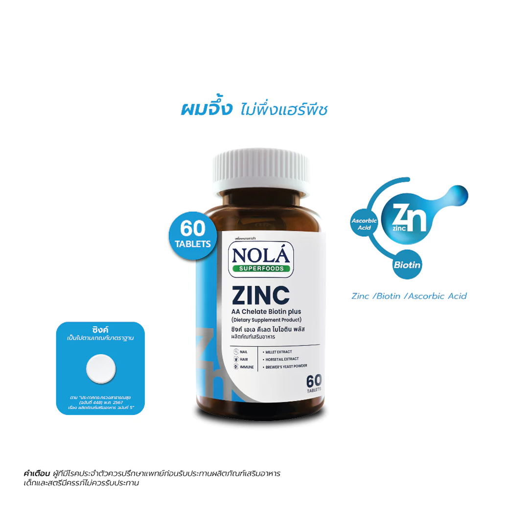 NOLA ZINC AA CHELATE BIOTIN PLUS ซิงค์ เอเอ คีเลต ไบโอติน พลัส 60 เม็ด