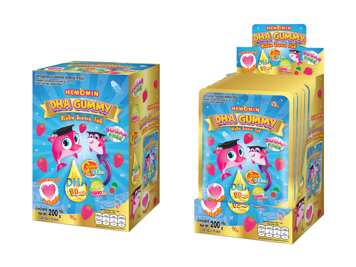 "HEMOMIN GUMMY JELLY DHA,VIT C AND FIBER STRAWBERRY วุ้นเจลาตินผสมดีเอชเอ วิตามินซีและไฟเบอร์ กลิ่นสตรอเบอรี่ (ตราฮีโมมิน)"