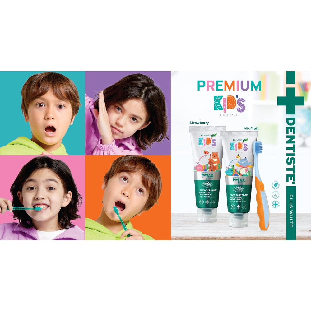 Dentiste' Premium Kids Set สำหรับเด็ก 2-6 ปี ยาสีฟันแปรงแห้งเด็ก สูตร Strawberry 60g. + แปรงสีฟันเด็ก ขนแปรงนุ่มพิเศษ